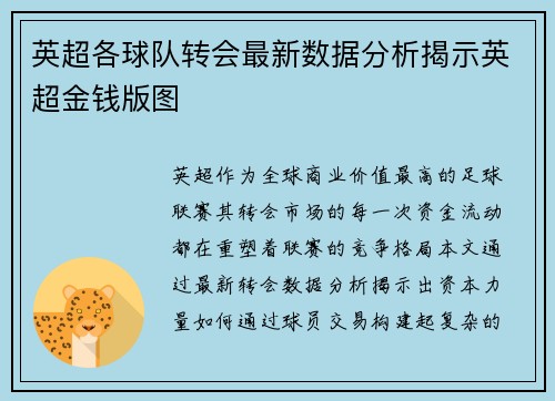 英超各球队转会最新数据分析揭示英超金钱版图
