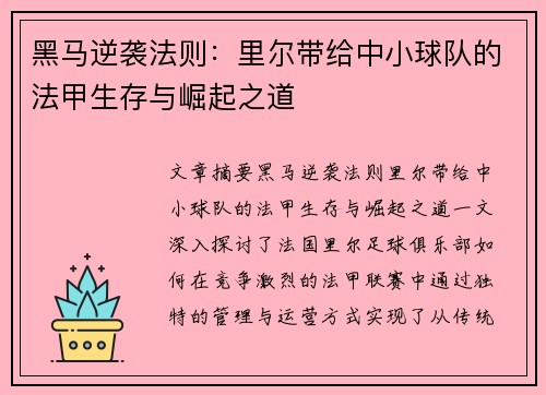 黑马逆袭法则：里尔带给中小球队的法甲生存与崛起之道
