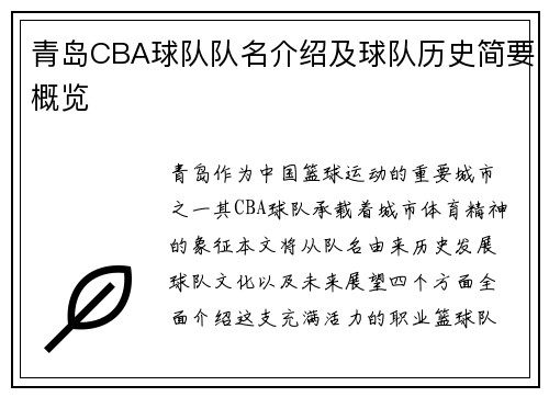 青岛CBA球队队名介绍及球队历史简要概览
